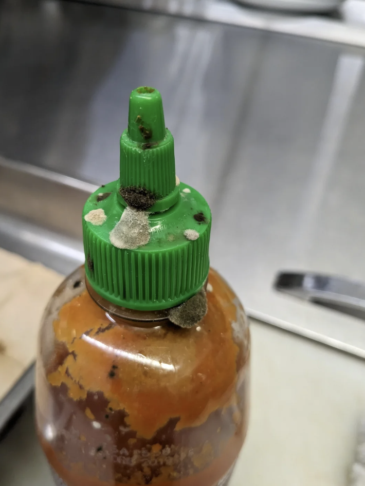 A jar of sauce with mold on the cap