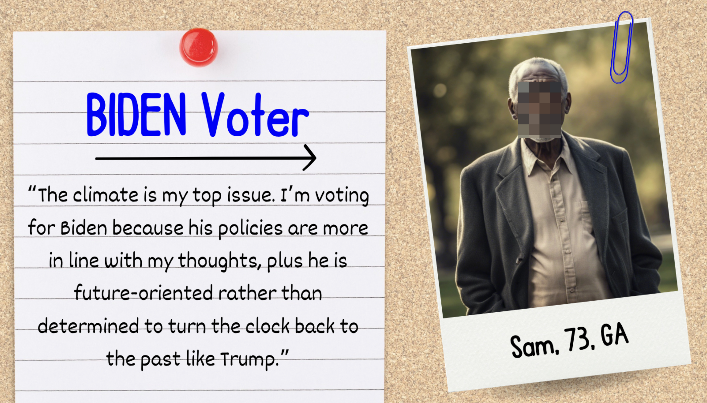Note pinned on a board that reads &quot;BIDEN Voter&quot; with a quote about voting for Biden due to climate concerns, alongside a photo of Sam, 73, from GA