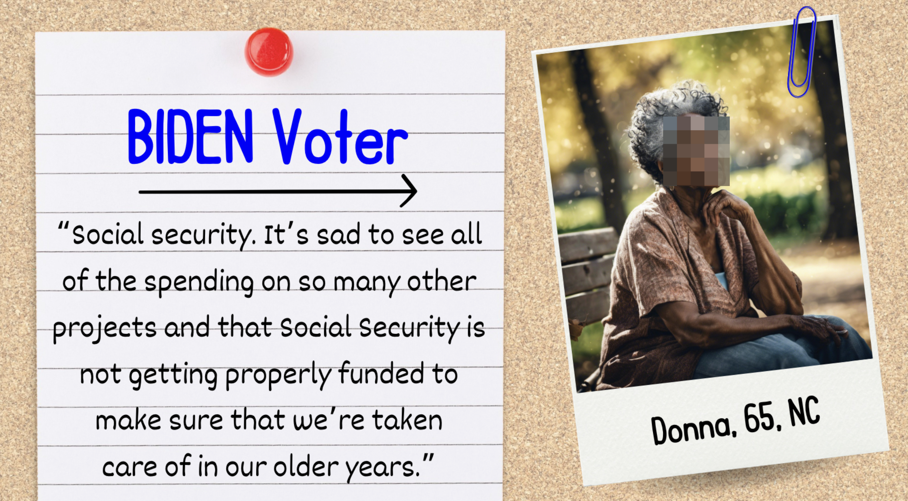 Note pinned to a board reading &quot;BIDEN Voter&quot;, alongside a quote about social security concerns, next to a photo of Donna, 65, from NC, looking contemplative