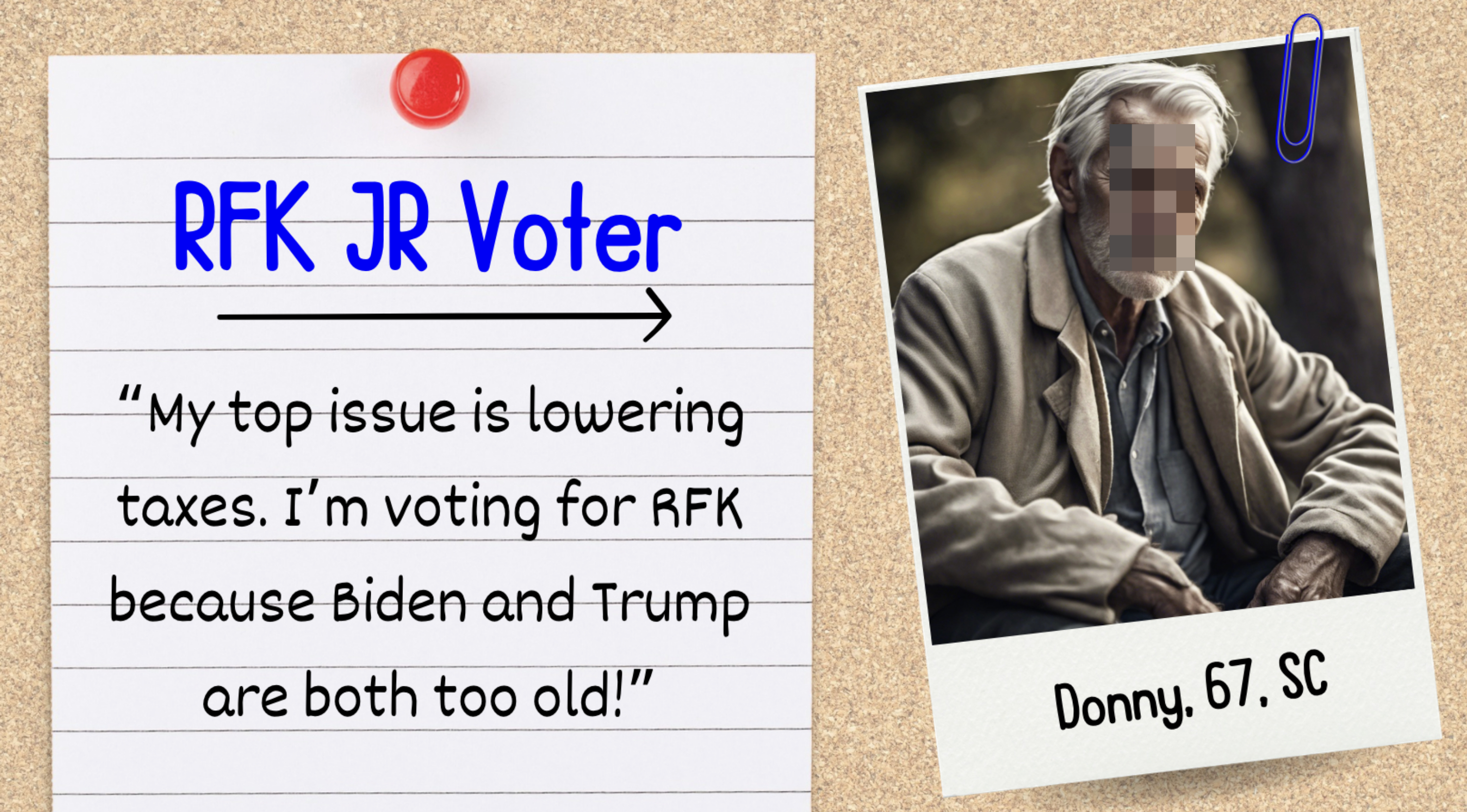 Note on bulletin board about lowering taxes, RFK Jr. support; elderly man named Donny, 67, from SC sits beside