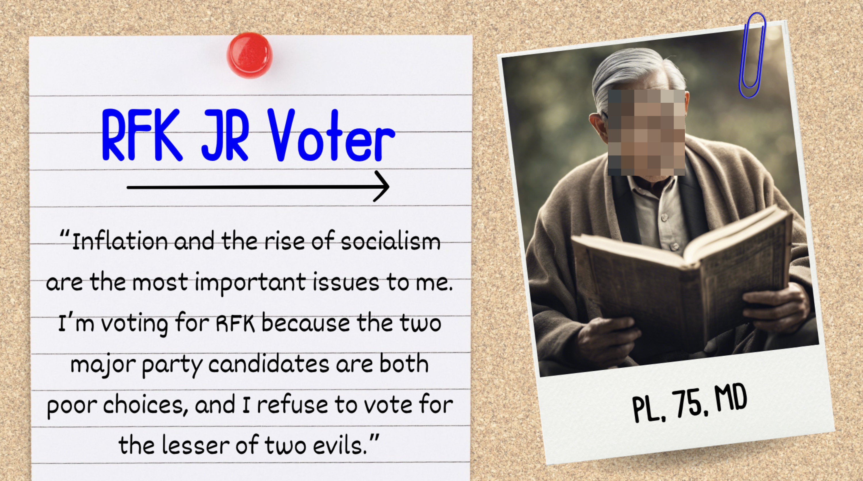 Elderly man reading a book with a voting sticker; quote on note expresses concerns about inflation and socialism, dissatisfaction with candidates