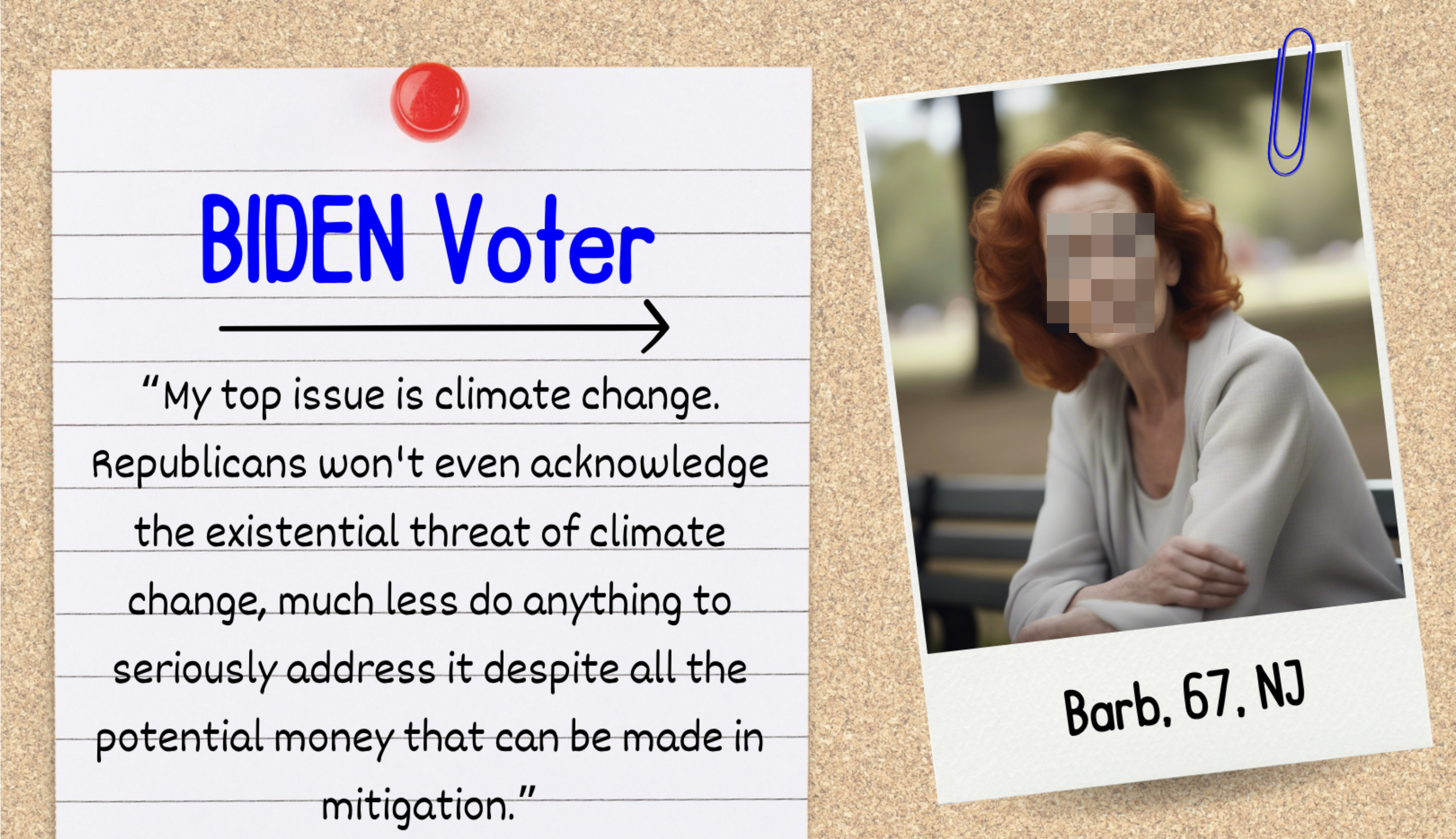 Note with text about climate change and voter opinion next to a photo of a concerned older woman, Barb, 67 from NJ