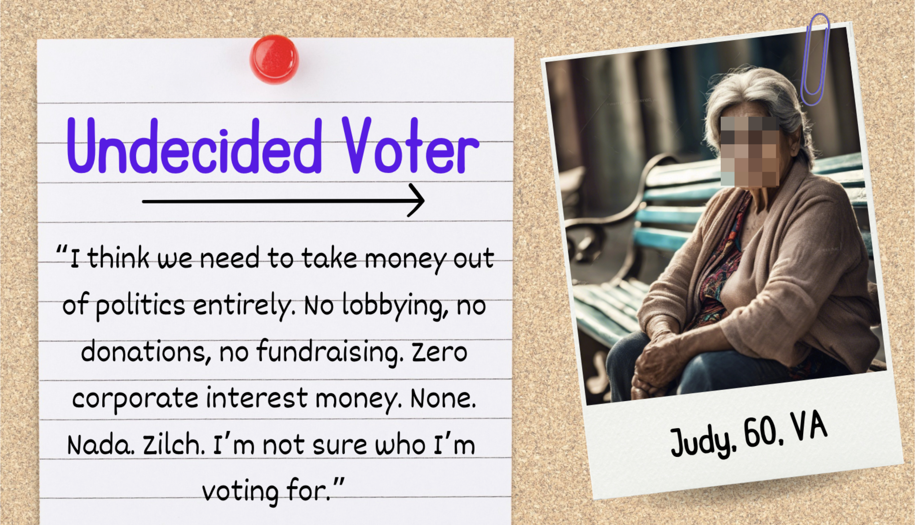 Image on left: Quote about political donations attributed to an &quot;Undecided Voter.&quot; Right: Portrait of Judy, 60, from Virginia
