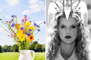 Split image: Left side shows a bouquet of wildflowers in a vase. Right side is a still of Glinda from the Wizard of Oz