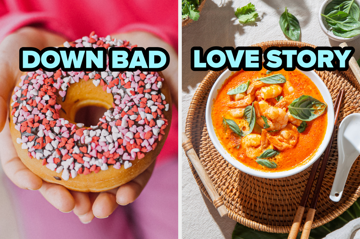 Split image: Left - Hand holding a heart-sprinkled donut; Right - Bowl of soup with shrimp and basil. Text "DOWN BAD" and "LOVE STORY" overlay