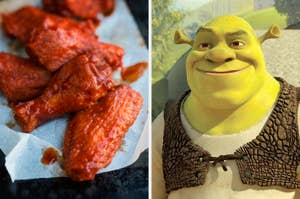 Two images side by side; left shows spicy chicken wings, right displays animated character Shrek smiling
