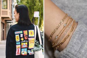 Left: model wearing sweatshirt with snack-inspired art, Right: model wearing layered chain link bracelets