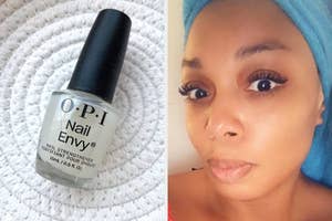 OPI Nail Envy nail strengthener bottle and a selfie of a woman with a towel on her head