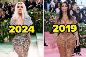 Side-by-side comparison of Kim Kardashian in two distinct Met Gala outfits, years 2024 and 2019 indicated