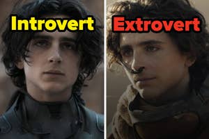 Two side-by-side images of Timothée Chalamet as Paul Atreides labeled "Introvert" on the left and "Extrovert" on the right