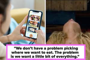 Two split images; left shows a person browsing a food delivery app, right shows a woman playfully tossing her head back on a sofa