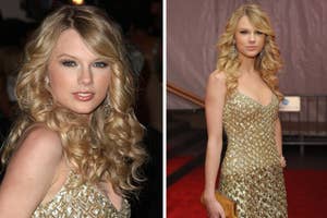 Taylor Swift at an event wearing a sparkly, sleeveless gown