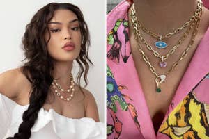Left: Model wearing colorful layered necklace, Right: model wearing gold-tone layering necklaces