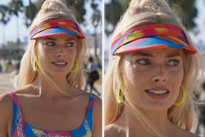 Margot Robbie as "Barbie" in a vibrant headband and large earrings looks puzzled on the left and focused on the right