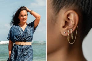 Left: model wearing blue wrap dress, Right: model wearing small studs and gold-tone jewelry on ear