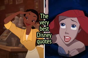 A split image of animated characters: Tiana saluting on the left, Ariel looking up with an excited expression on the right