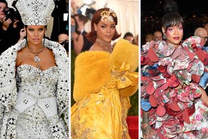 Rihanna in three different outfits: bejeweled gown with headpiece, yellow dress with floral headpiece, and floral ensemble with ruffles