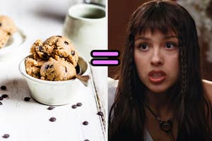 Bowl of cookies on table; image right is a still of the character Eleven from "Stranger Things"