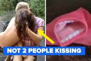 Left: A person hugging their knees mistaken for a kiss. Right: Close-up of a pants label. Text overlay: NOT 2 PEOPLE KISSING
