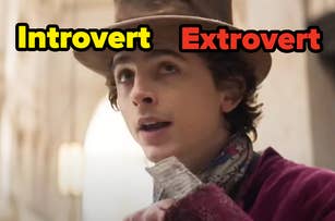 Text overlay contrasts "Introvert" and "Extrovert" with a man in vintage attire looking thoughtful