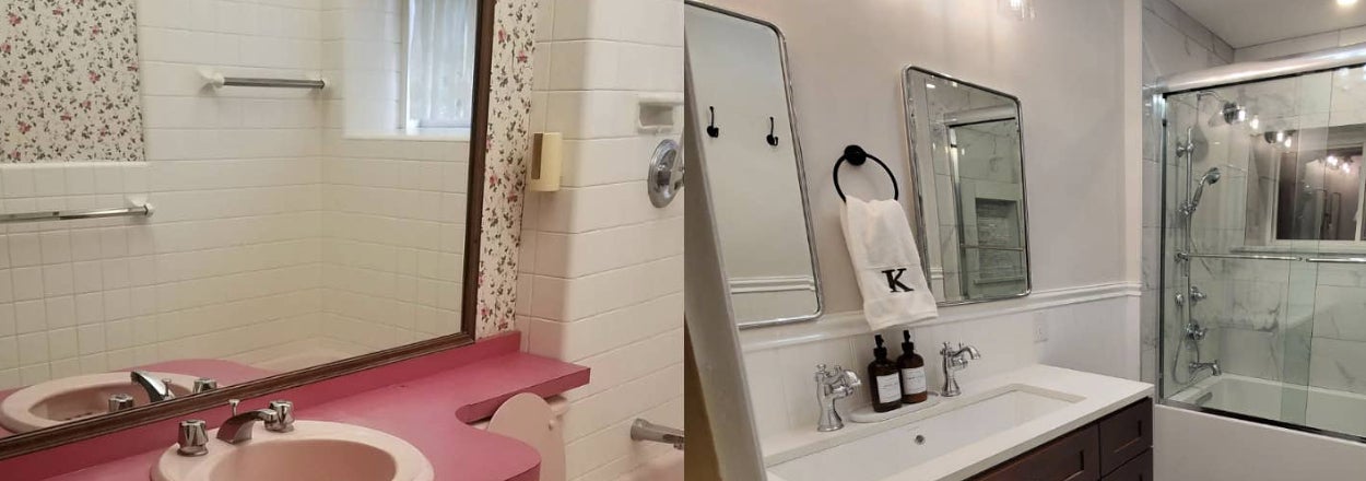 Before and after photos of a bathroom renovation with updated fixtures and finishes
