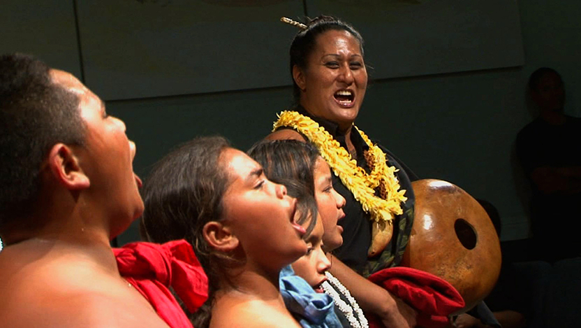 Group of people performing a traditional Hawaiian hula dance