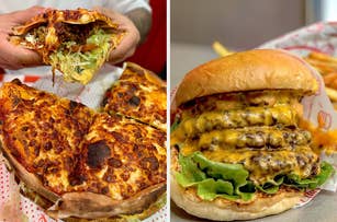 A person holding a cheesy sandwich and a close-up of a triple patty burger