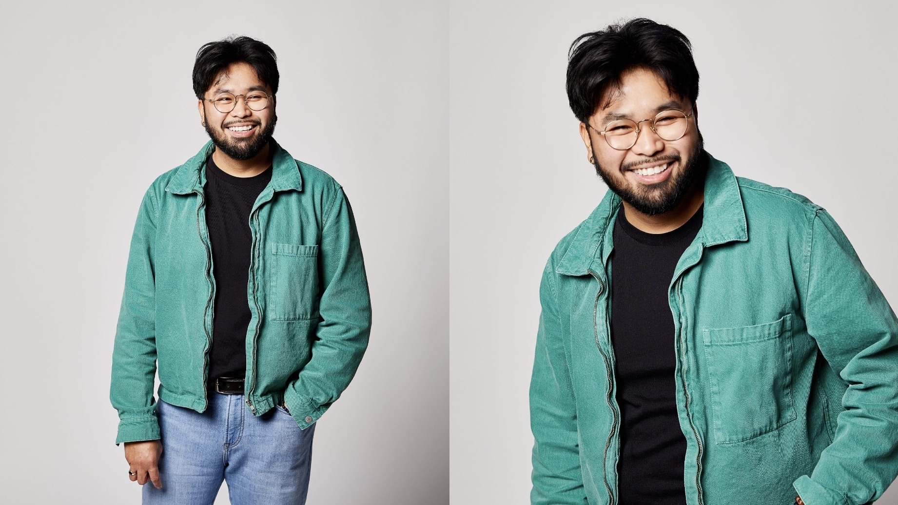 Man with beard smiling, in green jacket and black shirt, hands in pockets in one photo and crossed in the other