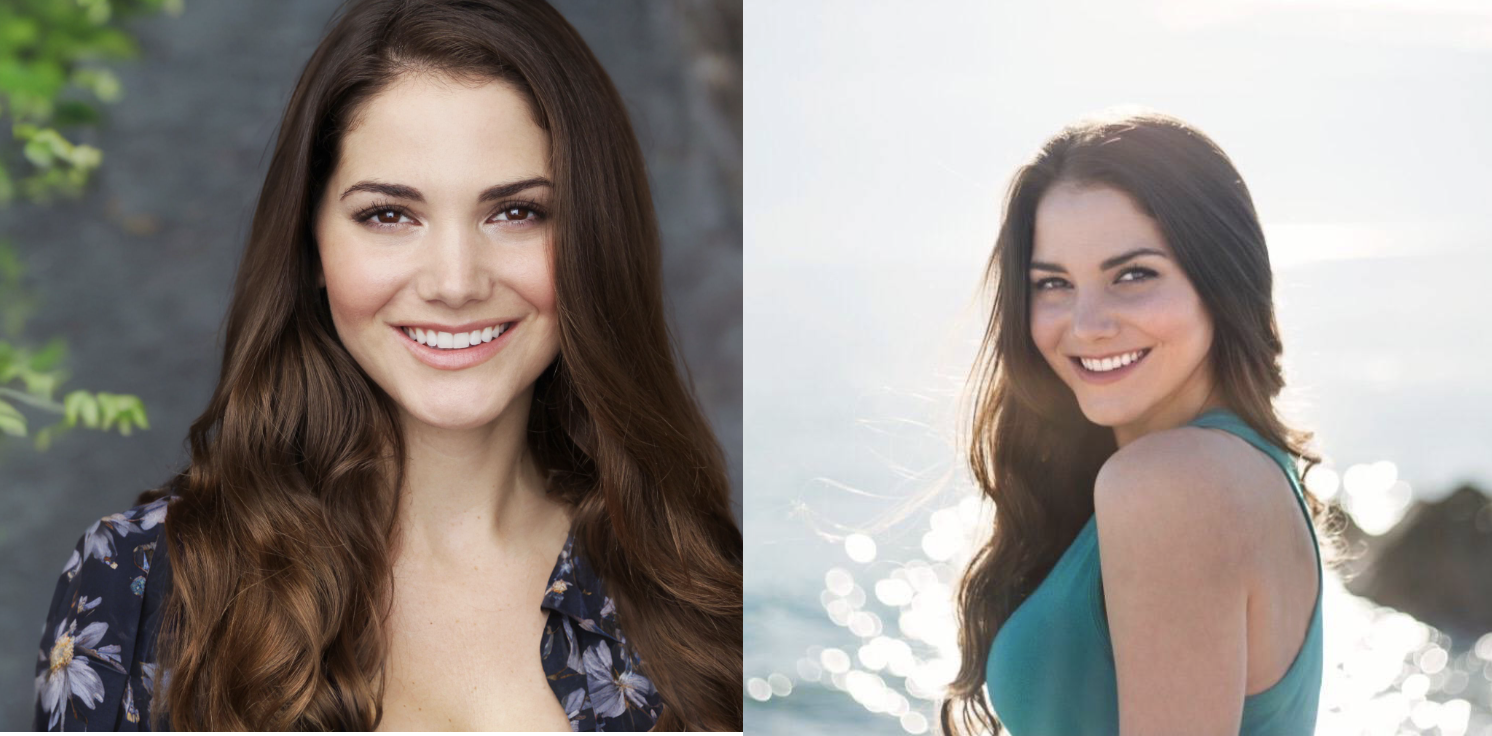 Two side-by-side portraits of a woman with long hair, wearing different outfits, smiling at the camera