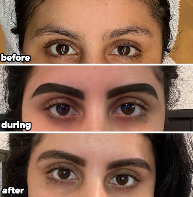 Before and after comparison of eyebrow tint application, looking much darker and fuller