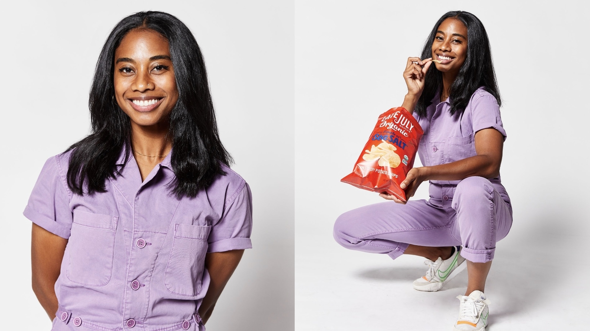 Two images of a woman, first standing smiling, second squatting holding a snack, both in casual purple outfit