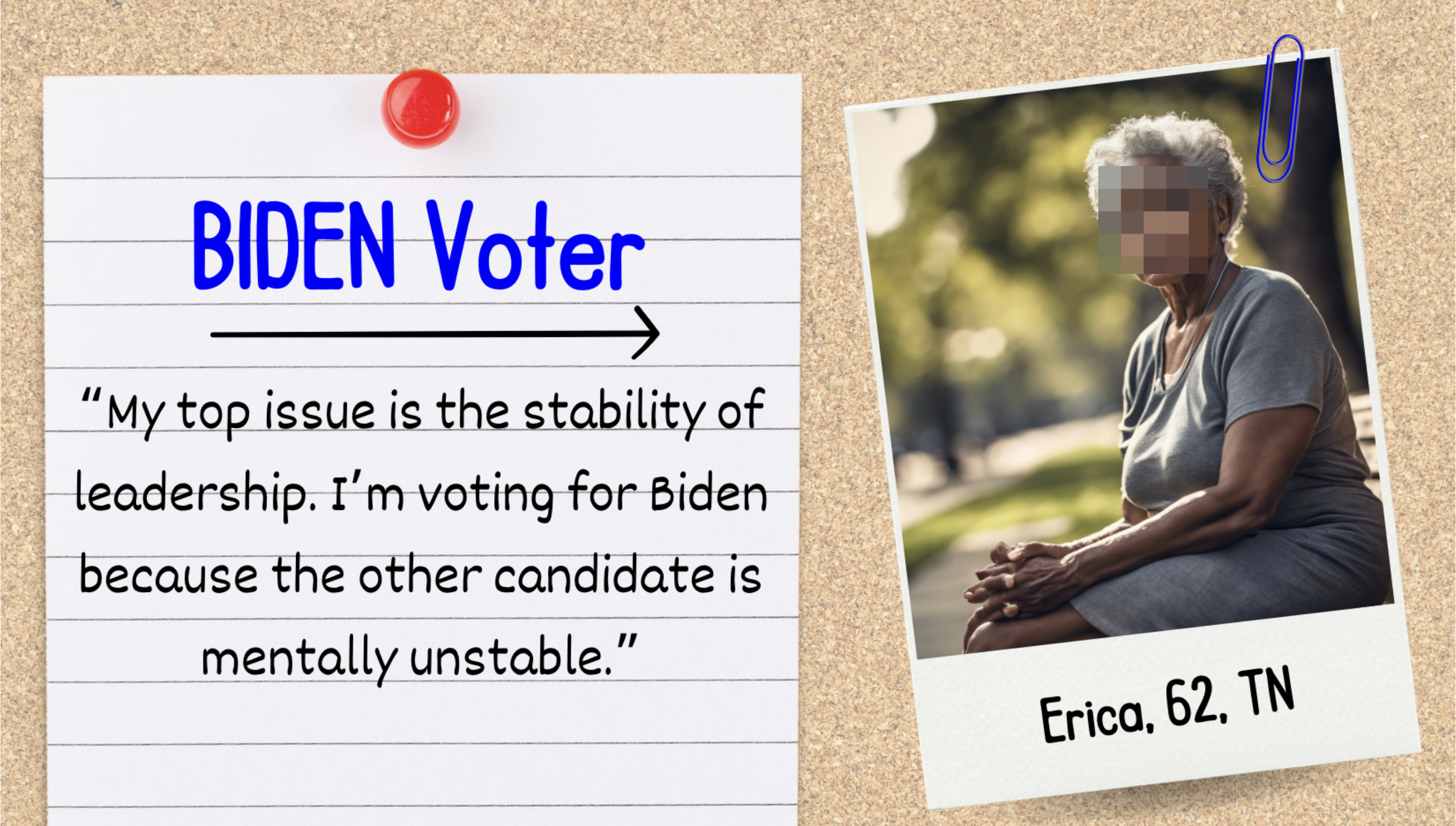 Handwritten note labeled &quot;BIDEN Voter&quot; with opinion on leadership stability next to a photo of Erica, age 62, from TN, sitting pensively outdoors