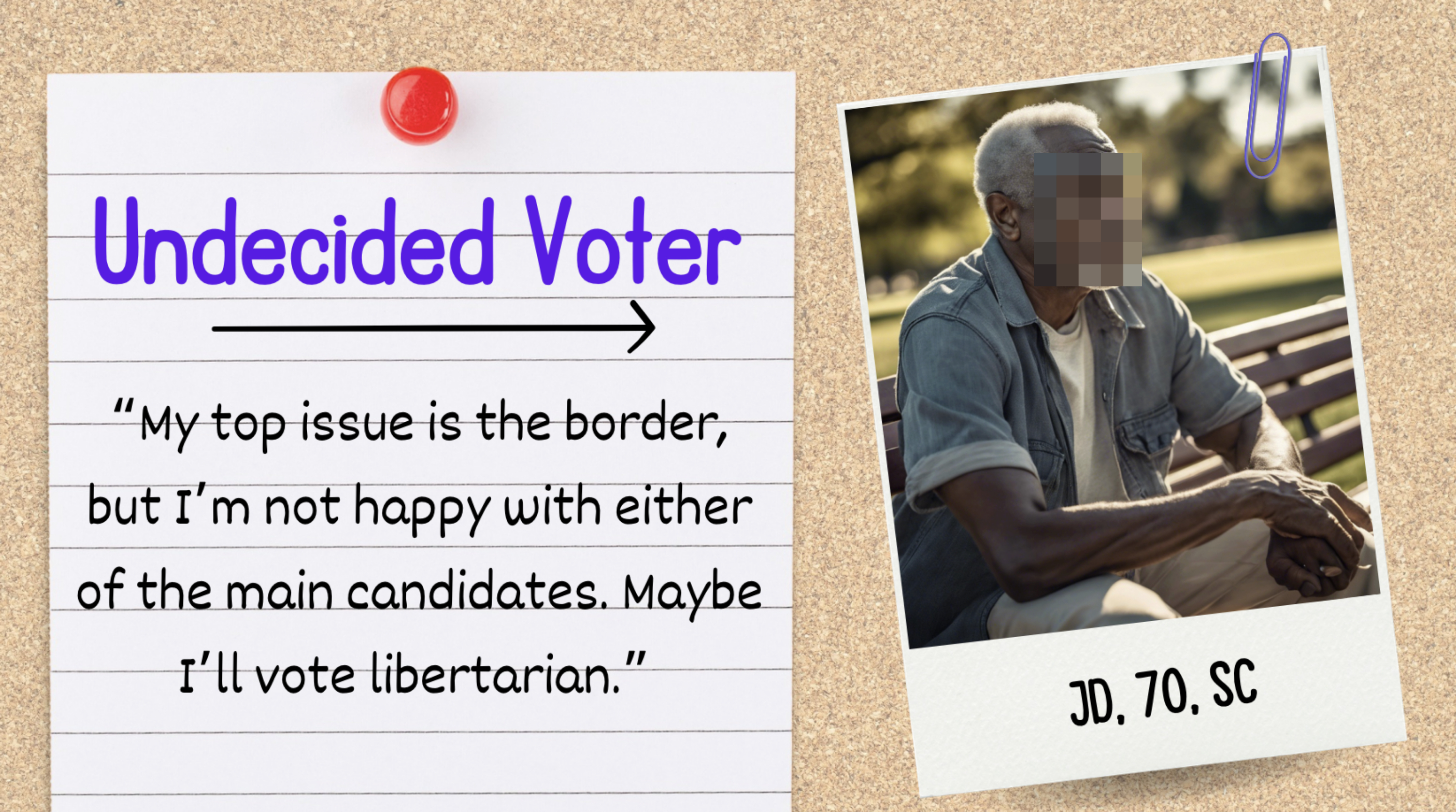 An undecided voter&#x27;s statement pinned on board; elderly man sitting on bench. Text summary: Voter&#x27;s top issue is the border, considers libertarian vote
