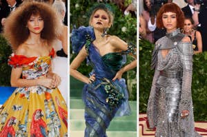 Three models showcasing different haute couture dresses at a fashion event, each with unique designs and textures