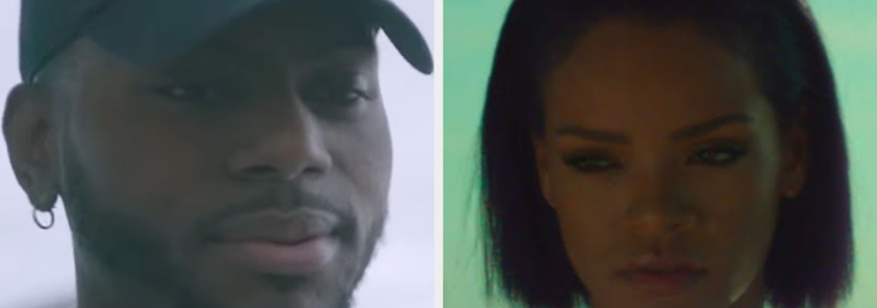 Split image with a man on the left and a woman on the right with text "Do we listen to the same artists?"