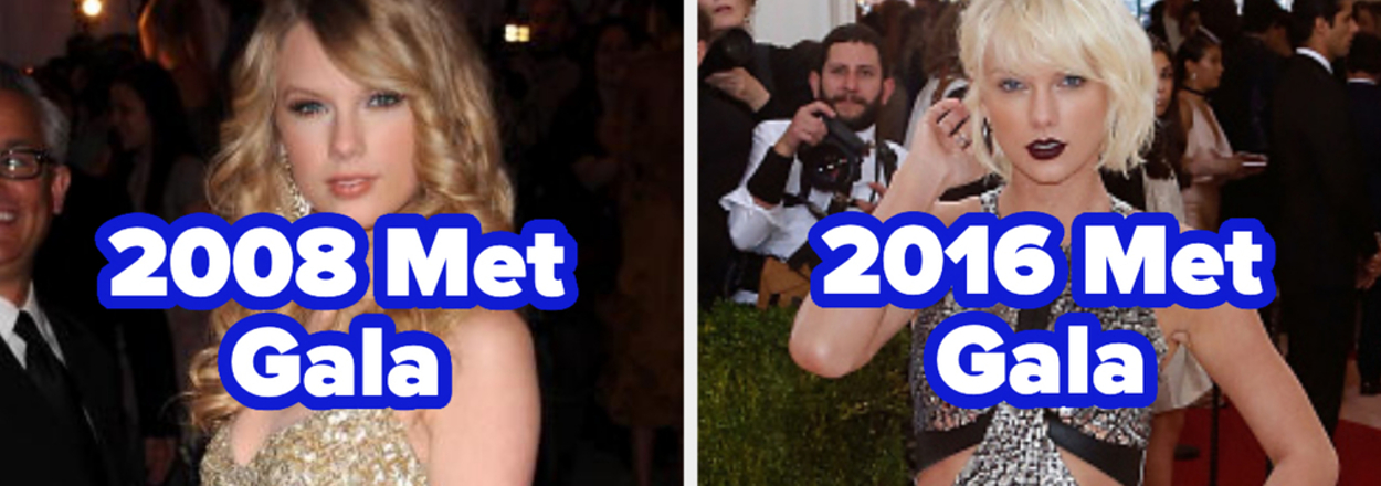 Side-by-side photos of Taylor Swift at the 2008 and 2016 Met Gala, wearing different gala dresses