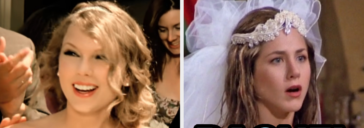 On the left, Taylor Swift in a wedding dress in the Mine music video and on the right, Rachel from Friends in a wedding dress