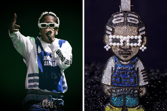 Left: Person on stage performing with microphone. Right: Bejeweled figurine pendant