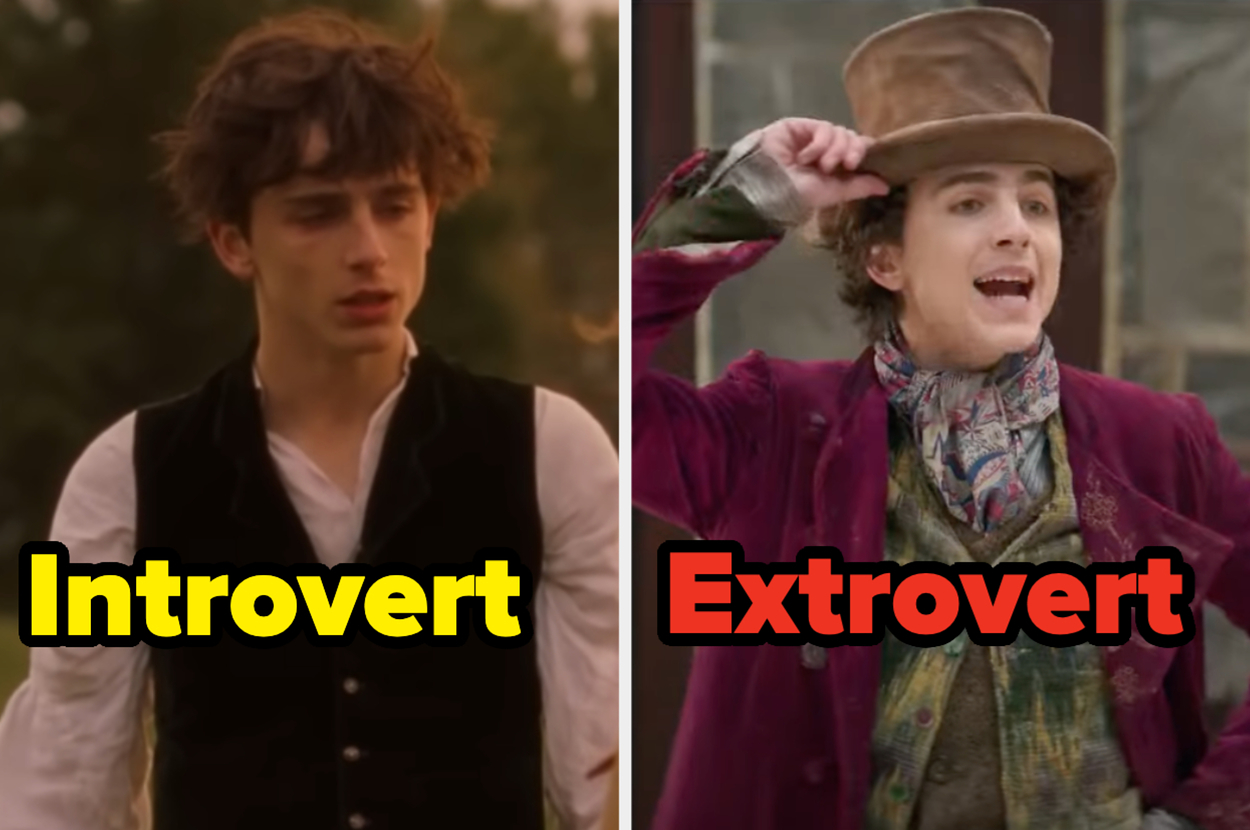 Two side-by-side images; one labeled "Introvert" with a young man in simple attire, the other labeled "Extrovert" with a man in an elaborate outfit and hat