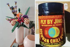 Floral bouquet in a vase on a table; Fly By Jing Sichuan Chili Crisp jar label with various text and graphics