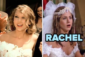 On the left, Taylor Swift in a wedding dress in the Mine music video and on the right, Rachel from Friends in a wedding dress