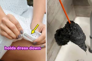 a dress with a dress weight attached to it and a clump of hair pulled out of a drain with a drain snake