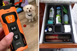 Split image: left shows a handheld device, right displays an organized drawer with grooming products