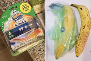 Left: Package of toilet cleaning stamp. Right: Single banana in a plastic produce bag