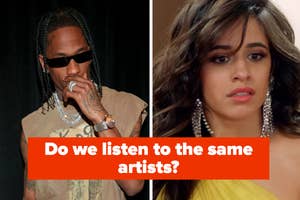 Two individuals, left is a male with braids and sunglasses, right is a female with earrings; both have microphones. Text: "Do we listen to the same artists?"
