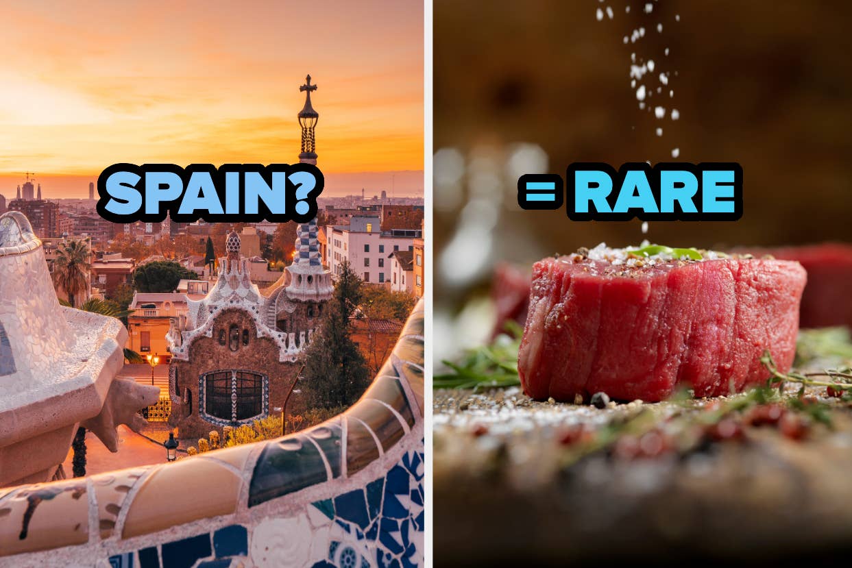 Left: A scenic view with mosaic architecture, likely Barcelona. Right: Steak being seasoned, equating to 'rare'