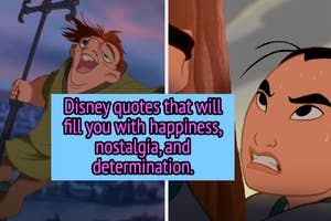 Split image: Left shows Quasimodo hanging from a structure; right has Mulan with a determined look