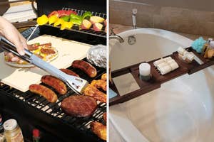 Two images side by side: left, a person grilling various meats; right, a bathtub with neatly arranged bath products