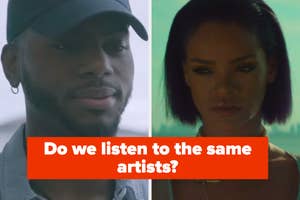 Split image with a man on the left and a woman on the right with text "Do we listen to the same artists?"