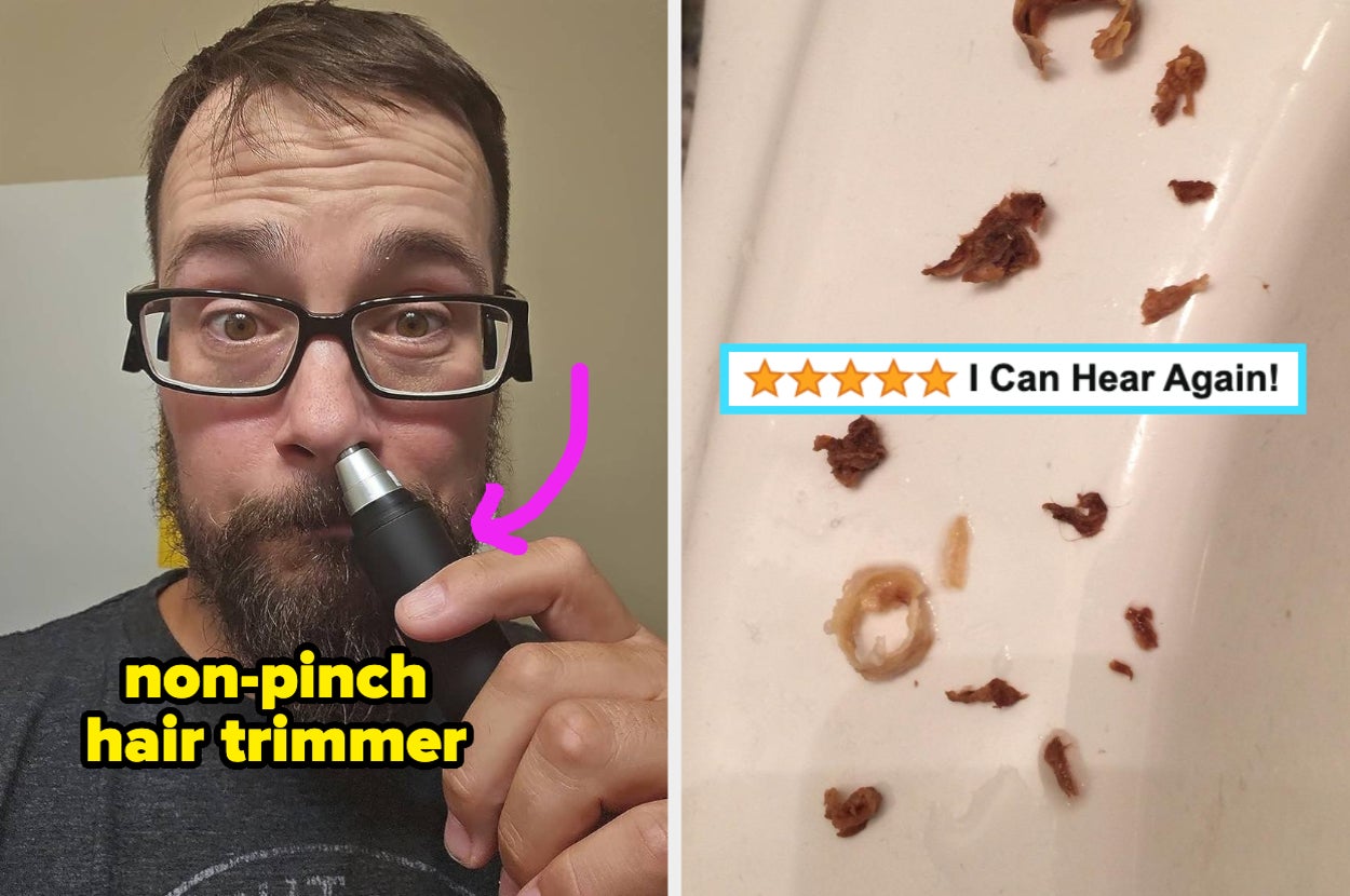 Person using a hair trimmer on their ear; caption "I Can Hear Again!" with image of trimmed hair